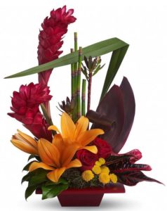 Sun-kissed lilies, tropical red ti leaves and eye-catching red ginger are mixed with other colorful flowers and leaves in a decorative bamboo planter. Dark red roses, orange asiatic lilies, green leucadendron, red ginger and yellow button spray mums are accented with greens including salal, bamboo-like equisetum, croton leaves, red ti leaves and green flax.