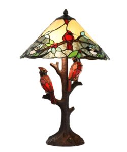 Tweet Tweet. Handcrafted using the same techniques that were developed by Louis Comfort Tiffany in the early 1900's, this Tiffany Style piece contains 400 handcut pieces of real stained glass and 28 all-glass cabochons. This lamp features cardinal twins perched on an antique bronze finish base. The leafy branch lamp shade design includes hues of amber, blue, green, ivory, and red. Enjoy the multi-functionality of this lamp: Shade Lit, both shade and base lit or just base lit for a nightlight ambiance. This decorative lamp will brighten your living room, bedroom or dining room with colors and light. This lamp accommodates two (2) 60 W bulbs under the shade, two (2) 1.8 W bulb for the cardinals (included) and a 60" cord.