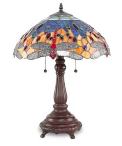 This beautiful Tiffany-style piece contains hand-cut pieces of stained glass, each wrapped in fine copper foil. Improve the ambiance of any room with warm lighting created by this Tiffany-style table lamp. With vibrant shades of color and a dragonfly inspired design, this eye-catching lamp has a traditional style that blends well with any decor. 